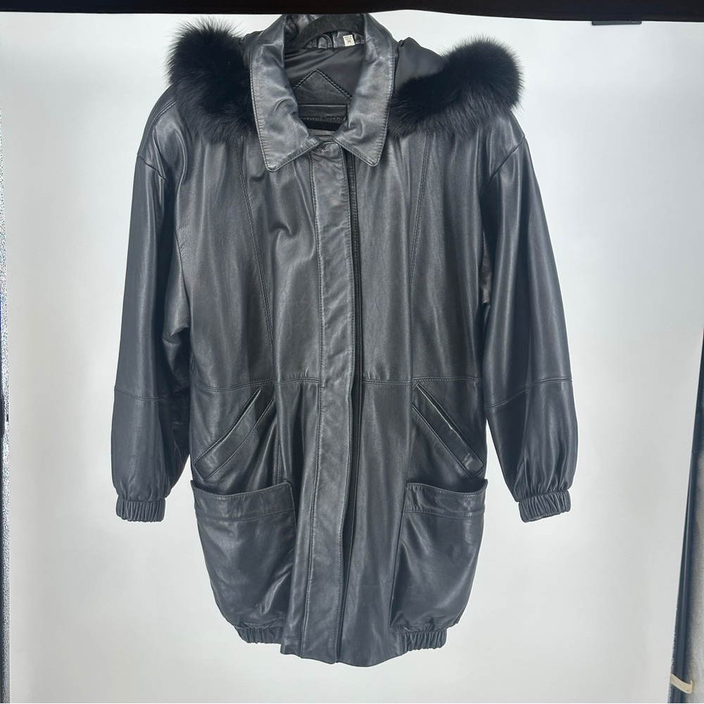 Women’s Medium Preston & York Black Leather‎ Jacket with Fur Accents 00’s